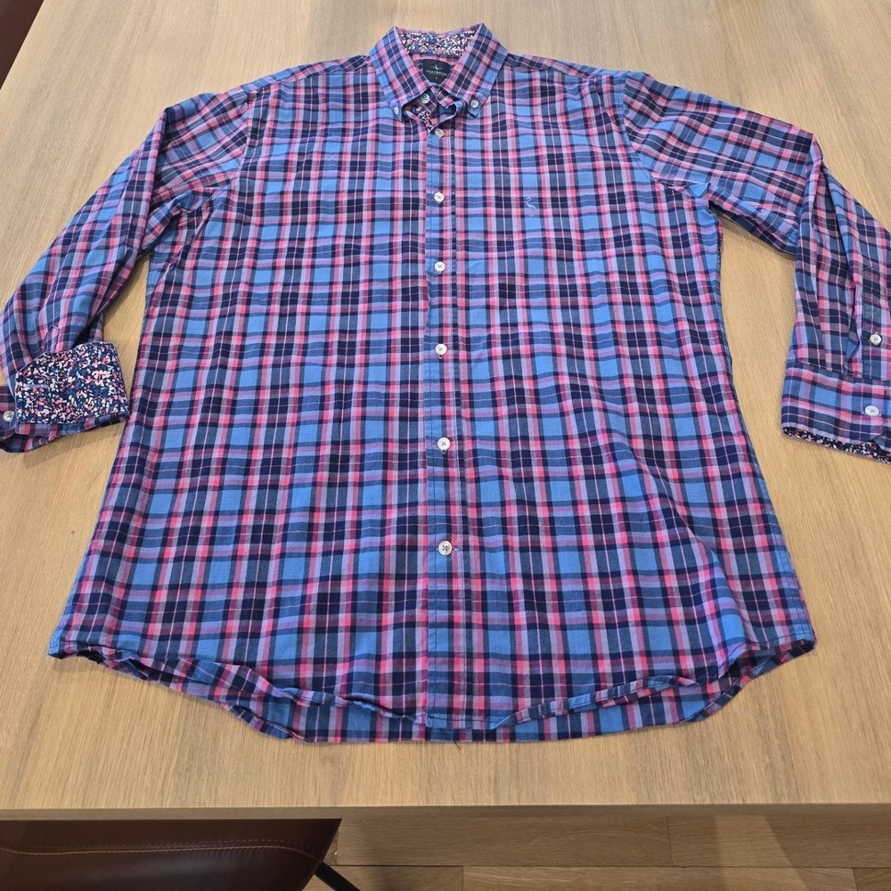 Tailorbyrd Mens Large Blue Pink Plaid Button Down Shirt Floral Trim Cotton Blend - Picture 5 of 9